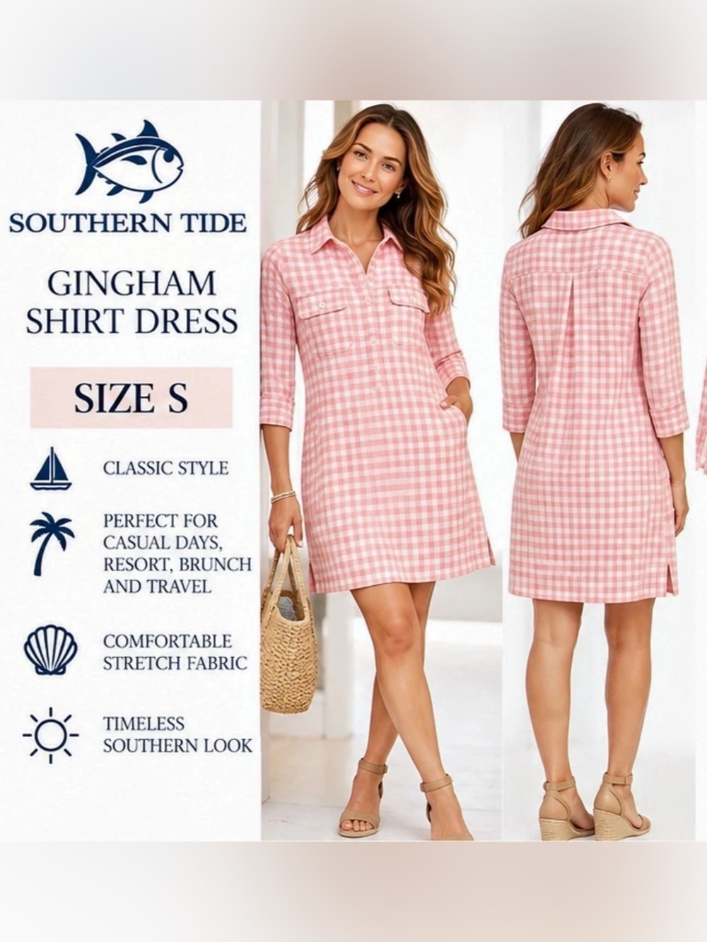 Southern Tide Pink White Gingham Performance Shirt Dress Size Small S